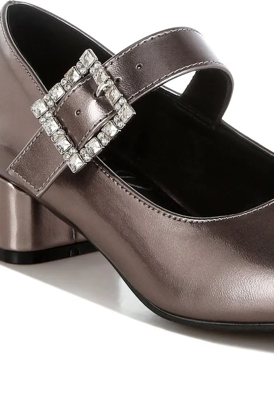 Abeba Diamante Brooch Metallic Square Toe Mary Jane Pumps