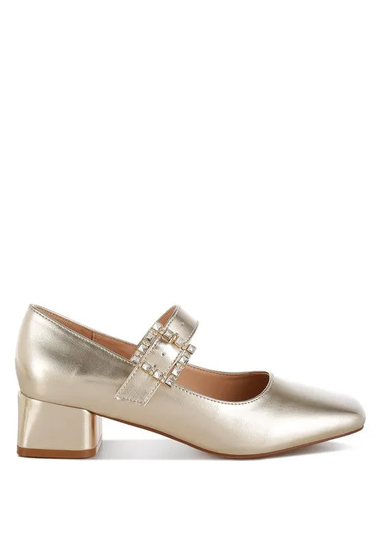 Abeba Diamante Brooch Metallic Square Toe Mary Jane Pumps