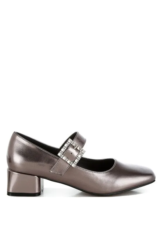 Abeba Diamante Brooch Metallic Square Toe Mary Jane Pumps