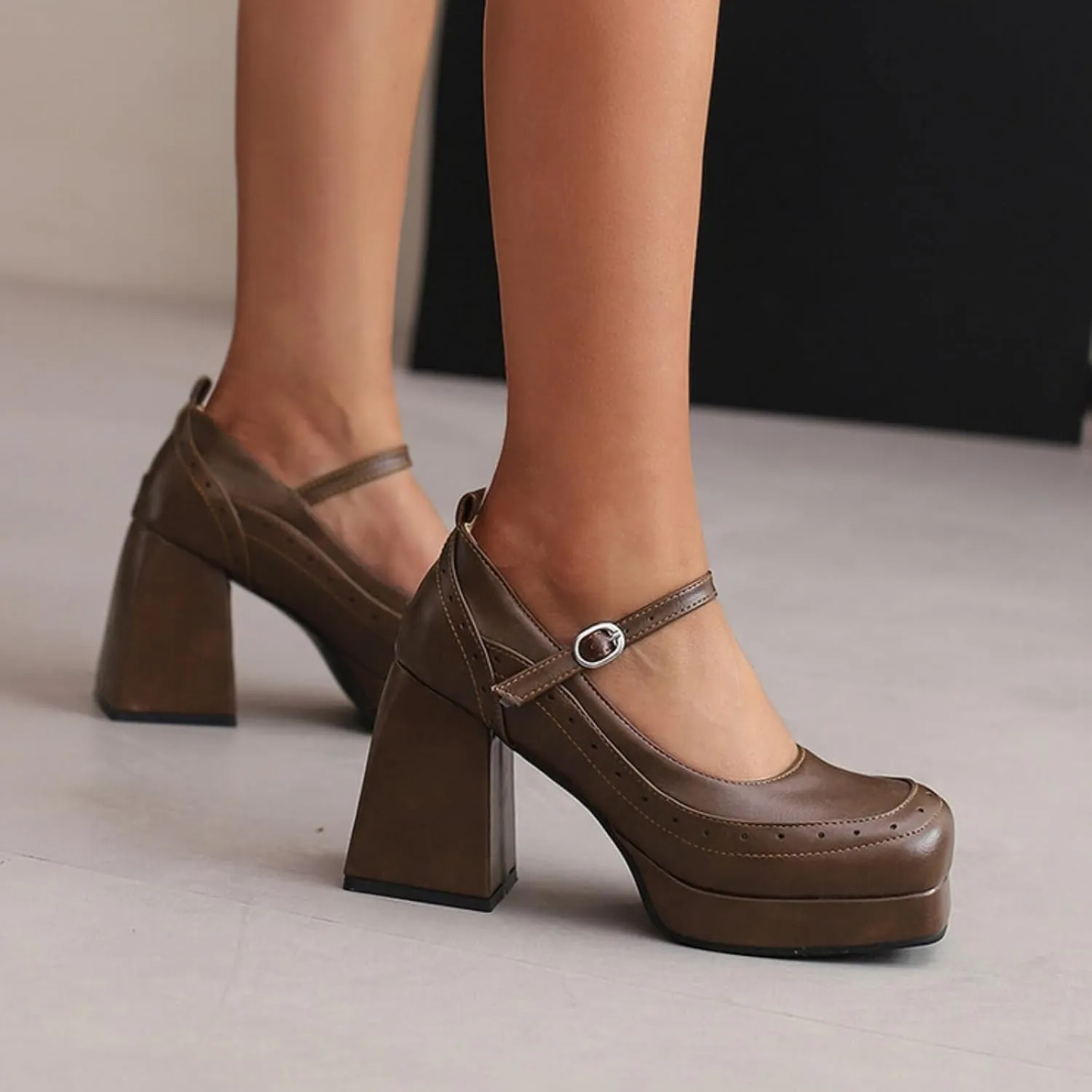 Aflngle Women's Platform Chunky Block Heels Mary Jane Pumps Square Closed Toe Ankle Strap Buckle Wedding Evening Party Prom Dating Dress Shoes