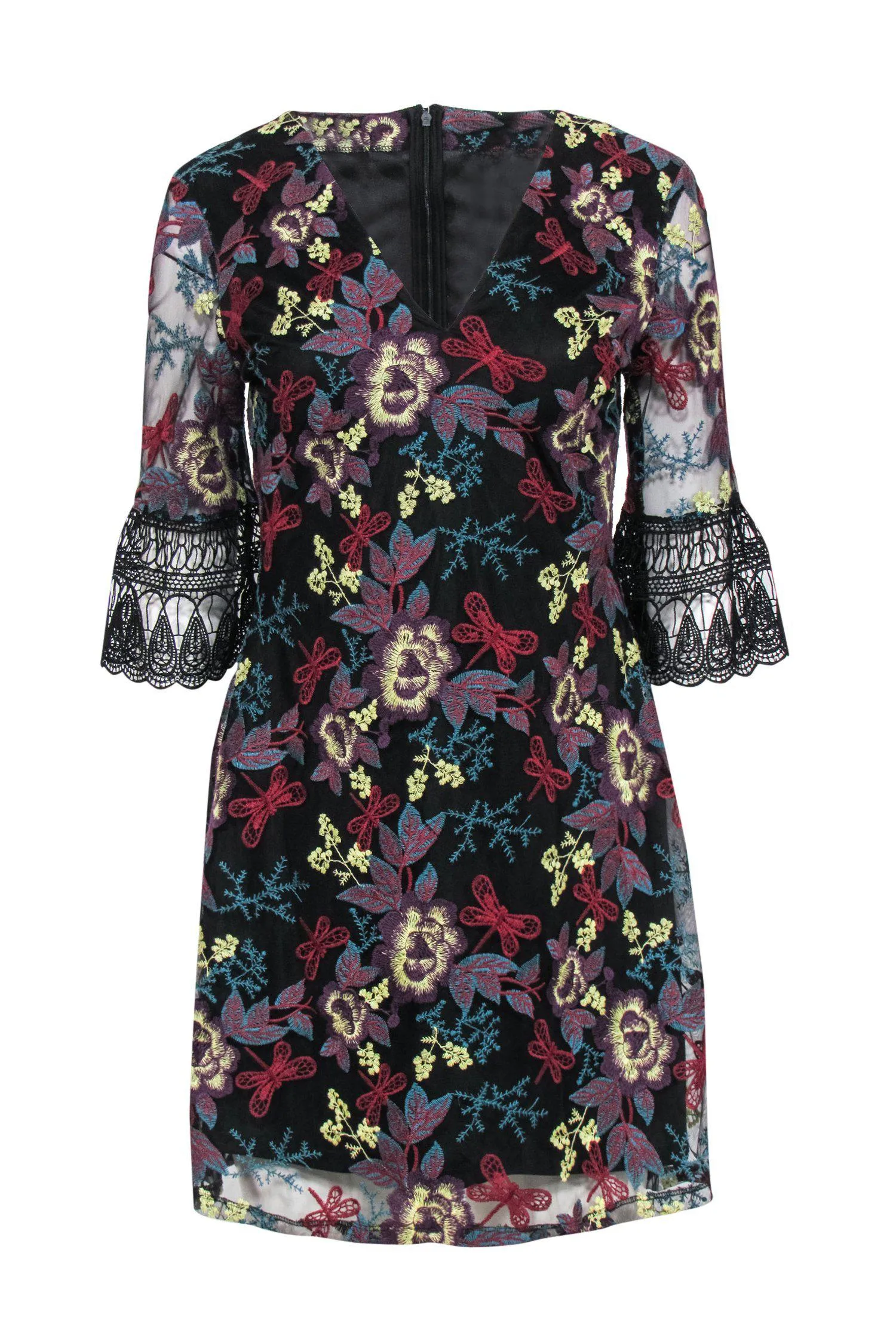 Alexia Admor - Black Embroidered Bell Sleeve Mini Dress Sz S