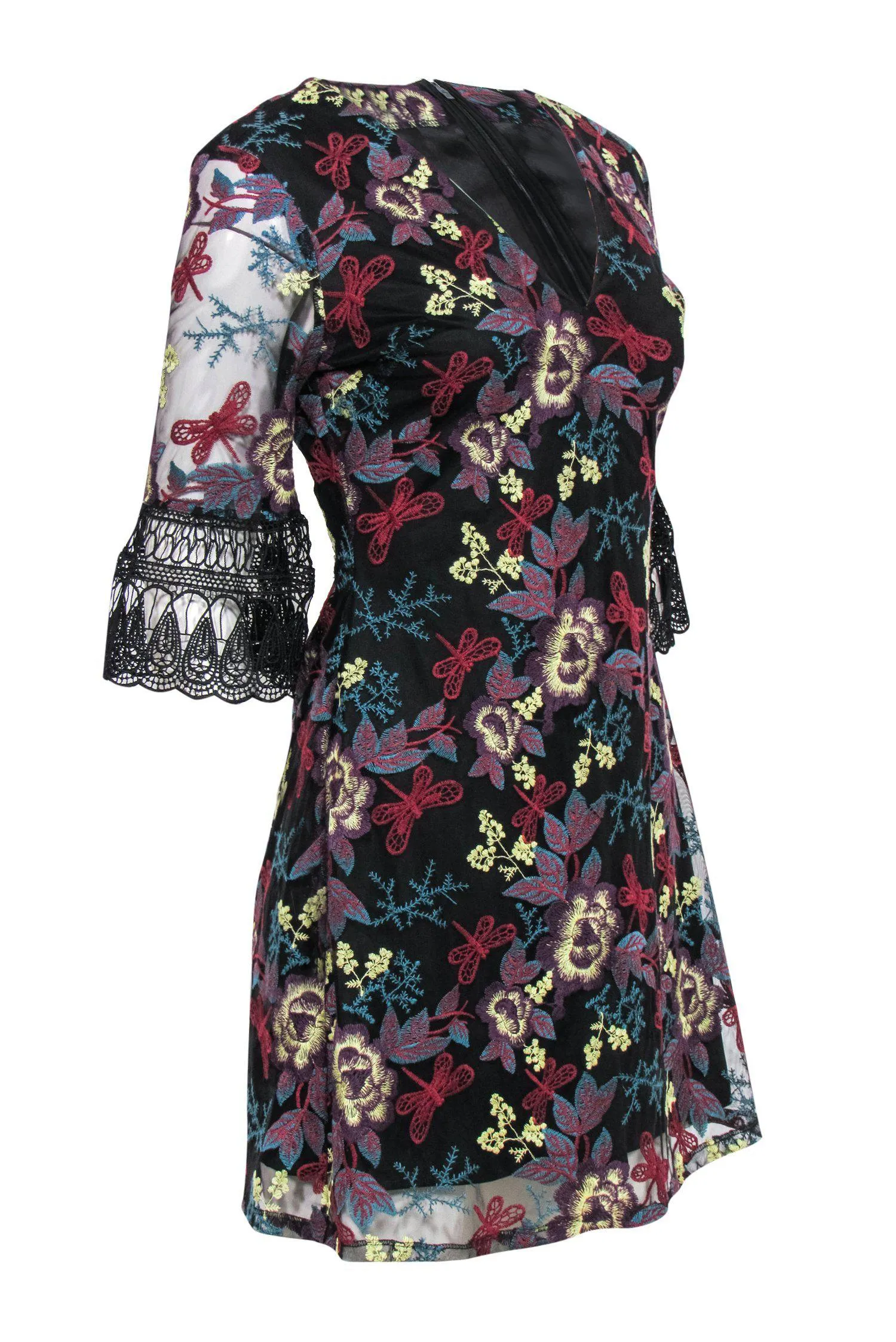 Alexia Admor - Black Embroidered Bell Sleeve Mini Dress Sz S