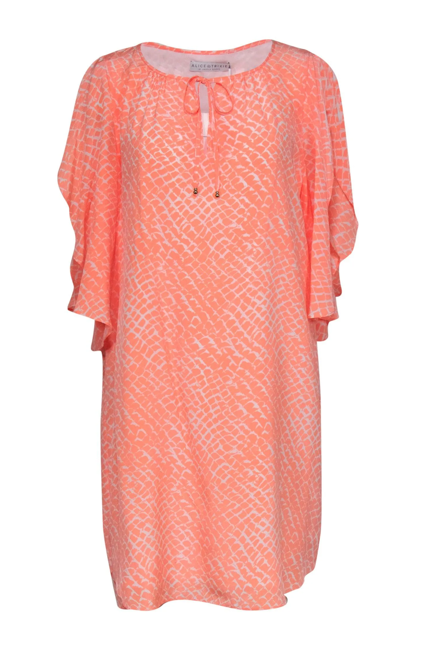 Alice & Trixie - Neon Coral Snakeskin Print Silk Dress w/ Flutter Sleeves Sz XL