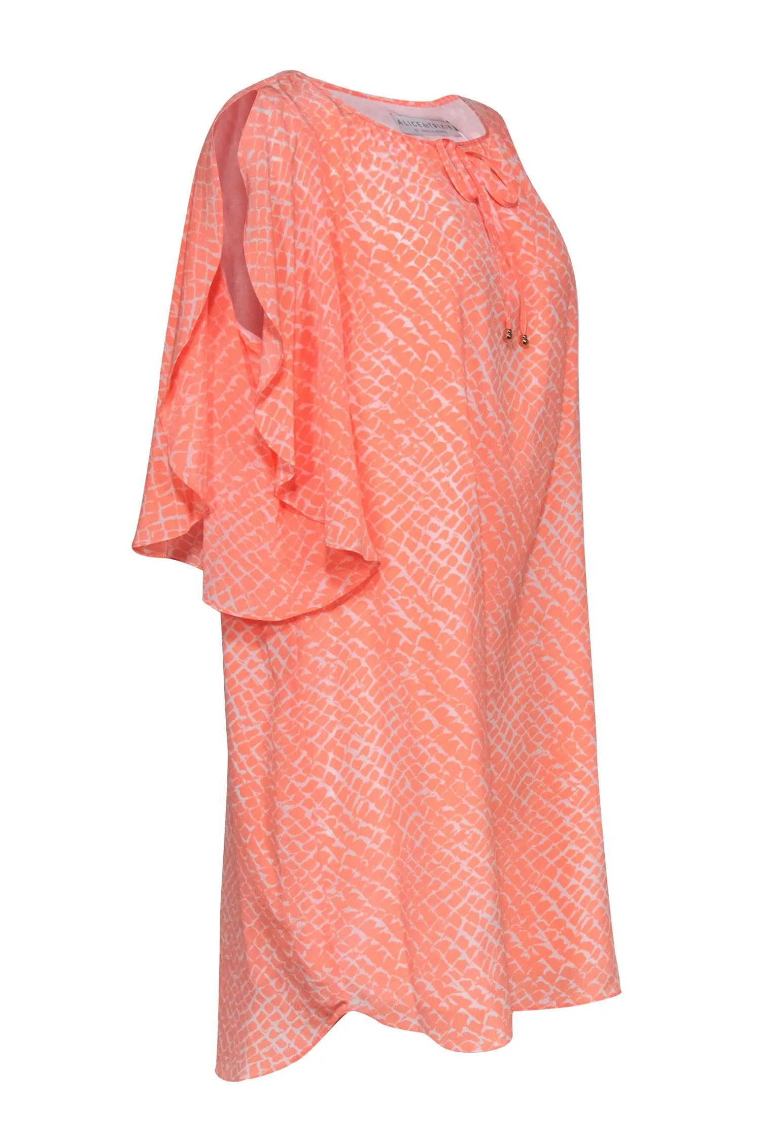 Alice & Trixie - Neon Coral Snakeskin Print Silk Dress w/ Flutter Sleeves Sz XL
