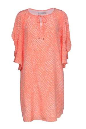 Alice & Trixie - Neon Coral Snakeskin Print Silk Dress w/ Flutter Sleeves Sz XL