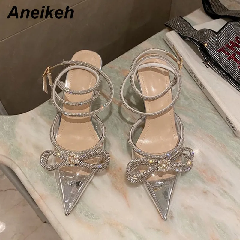 Aneikeh Spring/Autumn 2022 Women&#39;s Shoes Fashion Butterfly-Knot Narrow Band Bling Patchwork Cross-Tied Crystal Pointed Toe Pumps