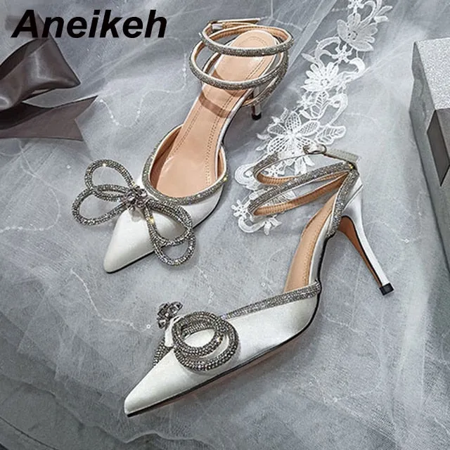 Aneikeh Spring/Autumn 2022 Women&#39;s Shoes Fashion Butterfly-Knot Narrow Band Bling Patchwork Cross-Tied Crystal Pointed Toe Pumps