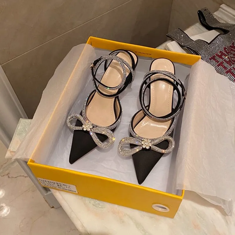 Aneikeh Spring/Autumn 2022 Women&#39;s Shoes Fashion Butterfly-Knot Narrow Band Bling Patchwork Cross-Tied Crystal Pointed Toe Pumps