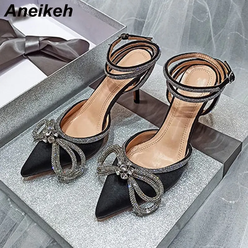 Aneikeh Spring/Autumn 2022 Women&#39;s Shoes Fashion Butterfly-Knot Narrow Band Bling Patchwork Cross-Tied Crystal Pointed Toe Pumps