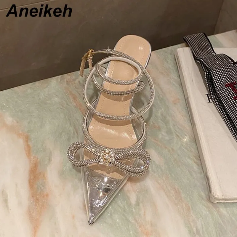 Aneikeh Spring/Autumn 2022 Women&#39;s Shoes Fashion Butterfly-Knot Narrow Band Bling Patchwork Cross-Tied Crystal Pointed Toe Pumps
