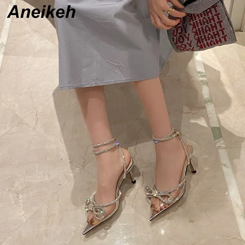 Aneikeh Spring/Autumn 2022 Women&#39;s Shoes Fashion Butterfly-Knot Narrow Band Bling Patchwork Cross-Tied Crystal Pointed Toe Pumps