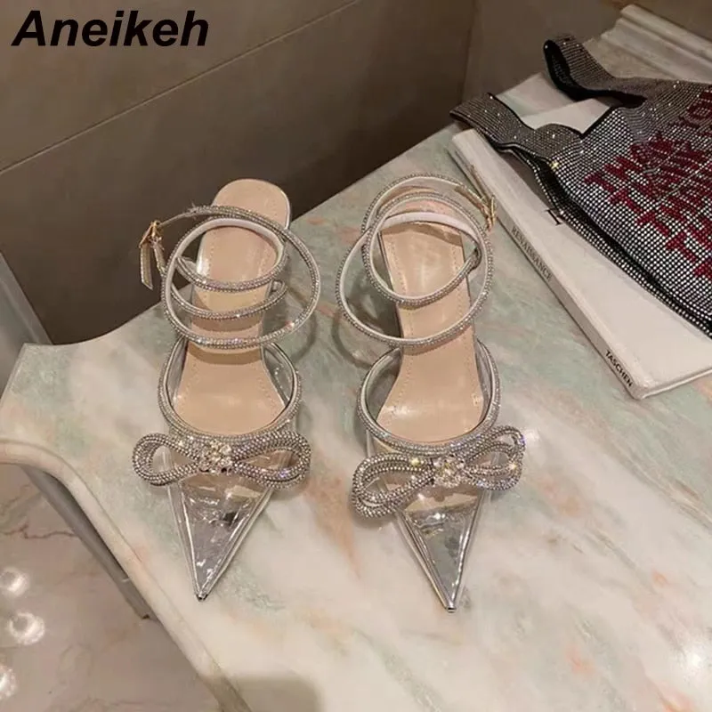 Aneikeh Spring/Autumn 2022 Women&#39;s Shoes Fashion Butterfly-Knot Narrow Band Bling Patchwork Cross-Tied Crystal Pointed Toe Pumps