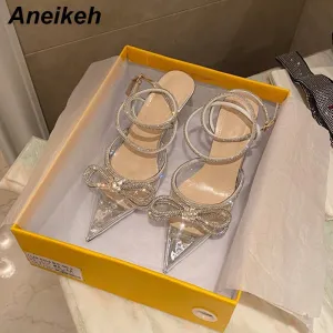 Aneikeh Spring/Autumn 2022 Women&#39;s Shoes Fashion Butterfly-Knot Narrow Band Bling Patchwork Cross-Tied Crystal Pointed Toe Pumps