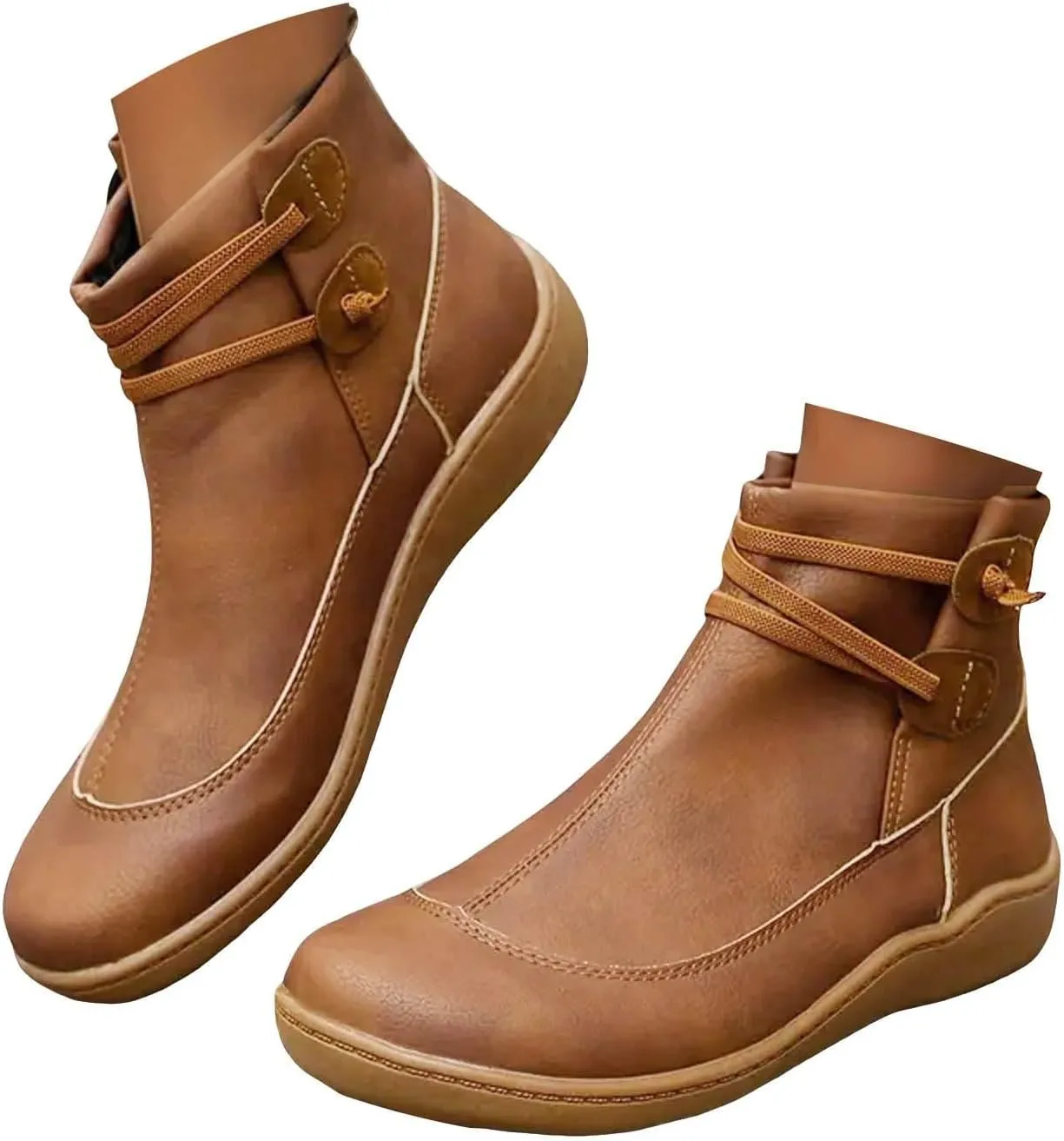 Ankle Boots for Women, Comfortable Casual Round Toe Lace-Up Damping Flat Boots Vintage Waterproof Walking Fall Boots