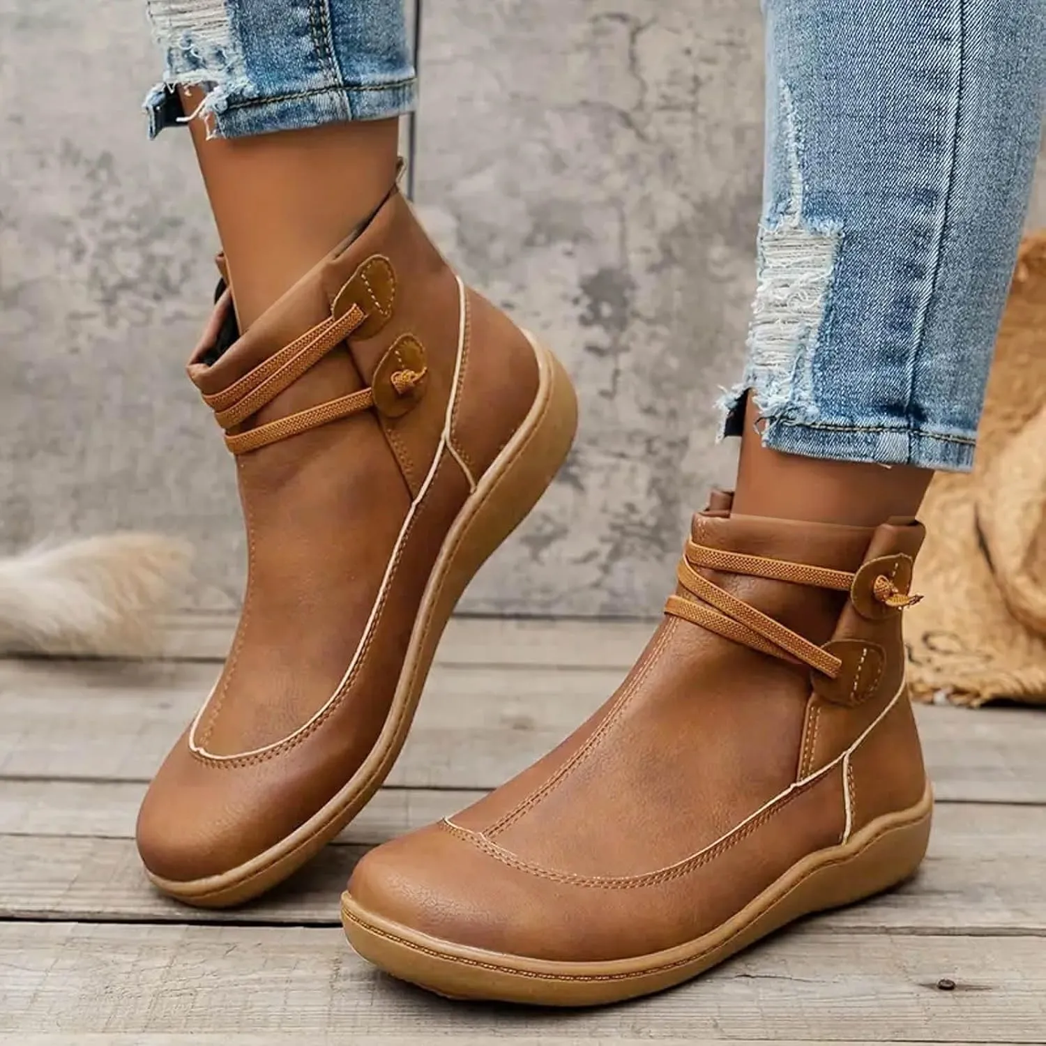 Ankle Boots for Women, Comfortable Casual Round Toe Lace-Up Damping Flat Boots Vintage Waterproof Walking Fall Boots