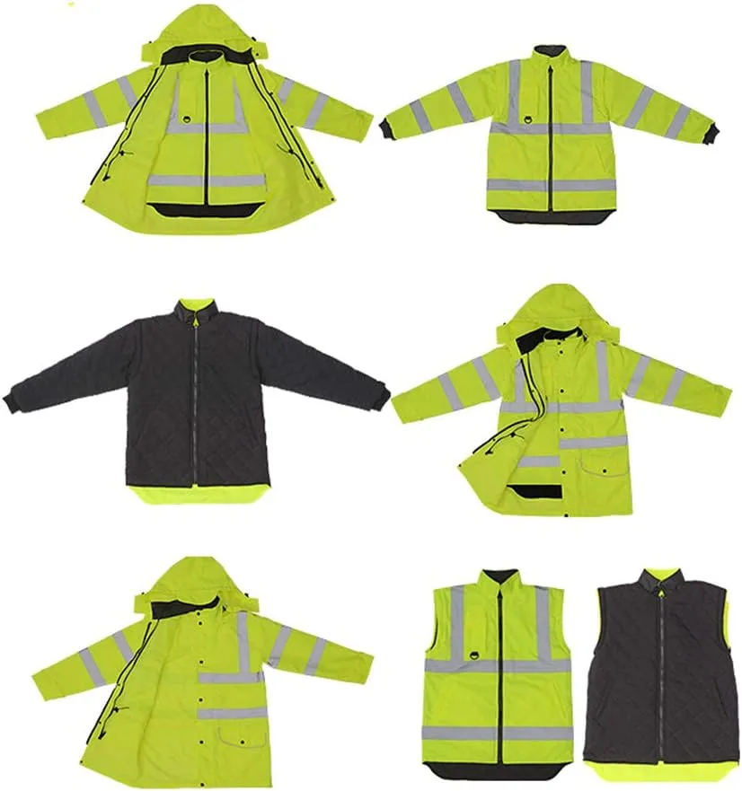 ANSI Class 3 High Visibility 7 in 1 Safety Winter Jacket For Men Safety Coat Traffic Reflective Parka Jacket