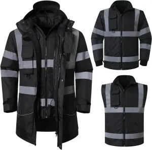 ANSI Class 3 High Visibility 7 in 1 Safety Winter Jacket For Men Safety Coat Traffic Reflective Parka Jacket