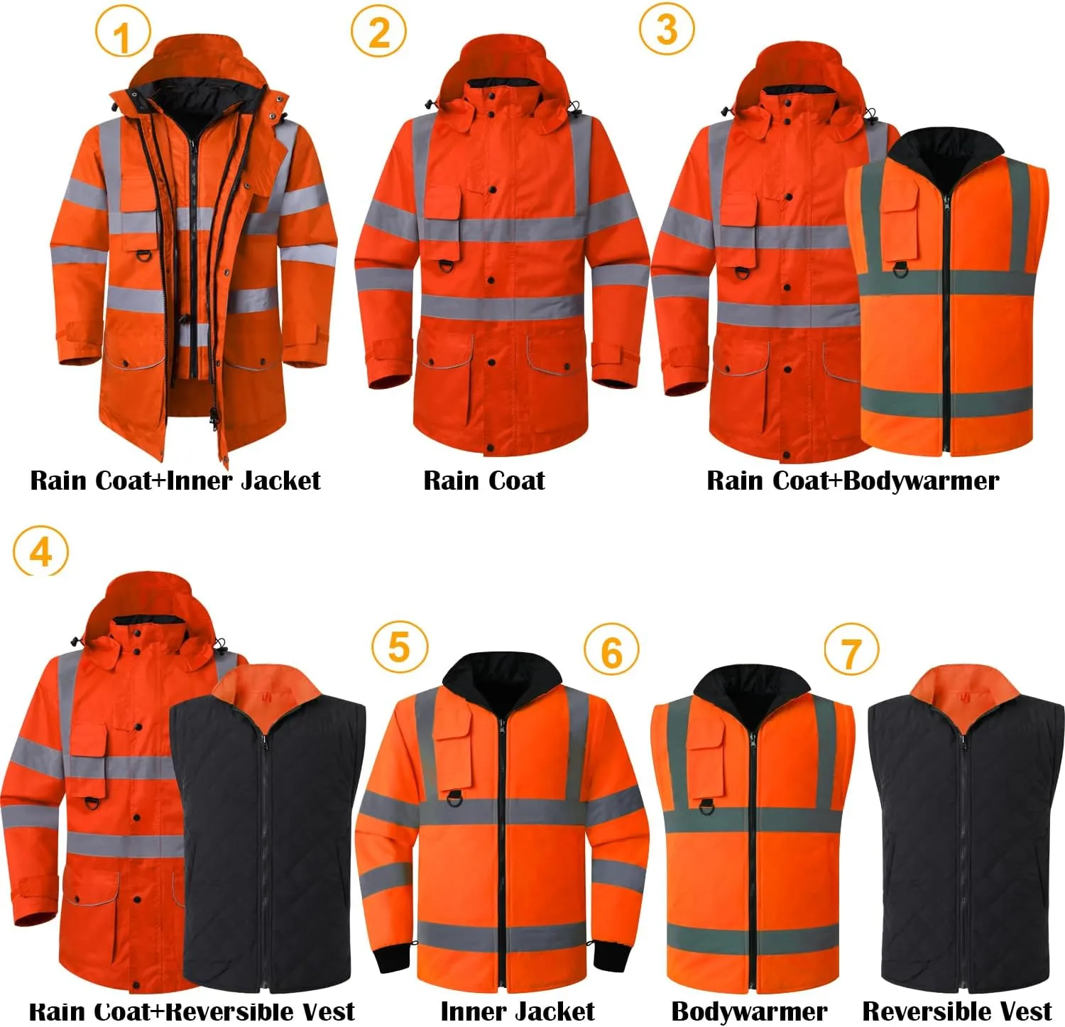 ANSI Class 3 High Visibility 7 in 1 Safety Winter Jacket For Men Safety Coat Traffic Reflective Parka Jacket