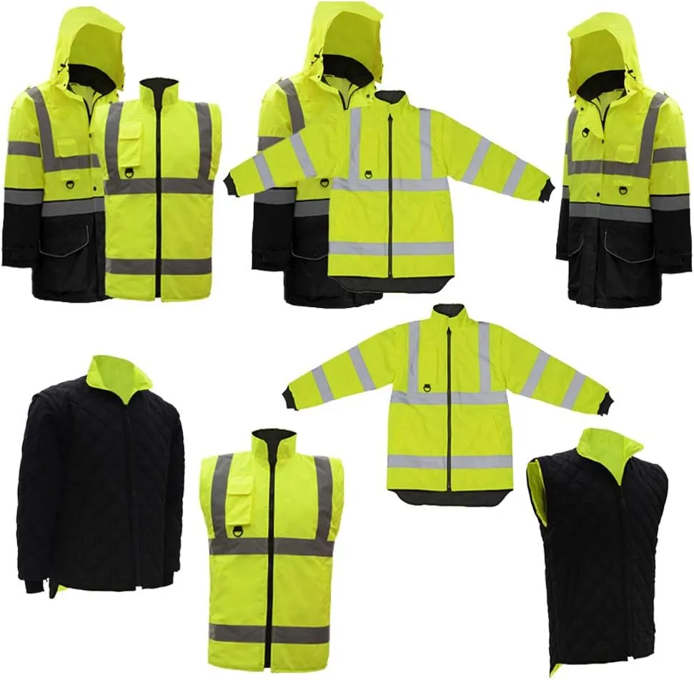 ANSI Class 3 High Visibility 7 in 1 Safety Winter Jacket For Men Safety Coat Traffic Reflective Parka Jacket