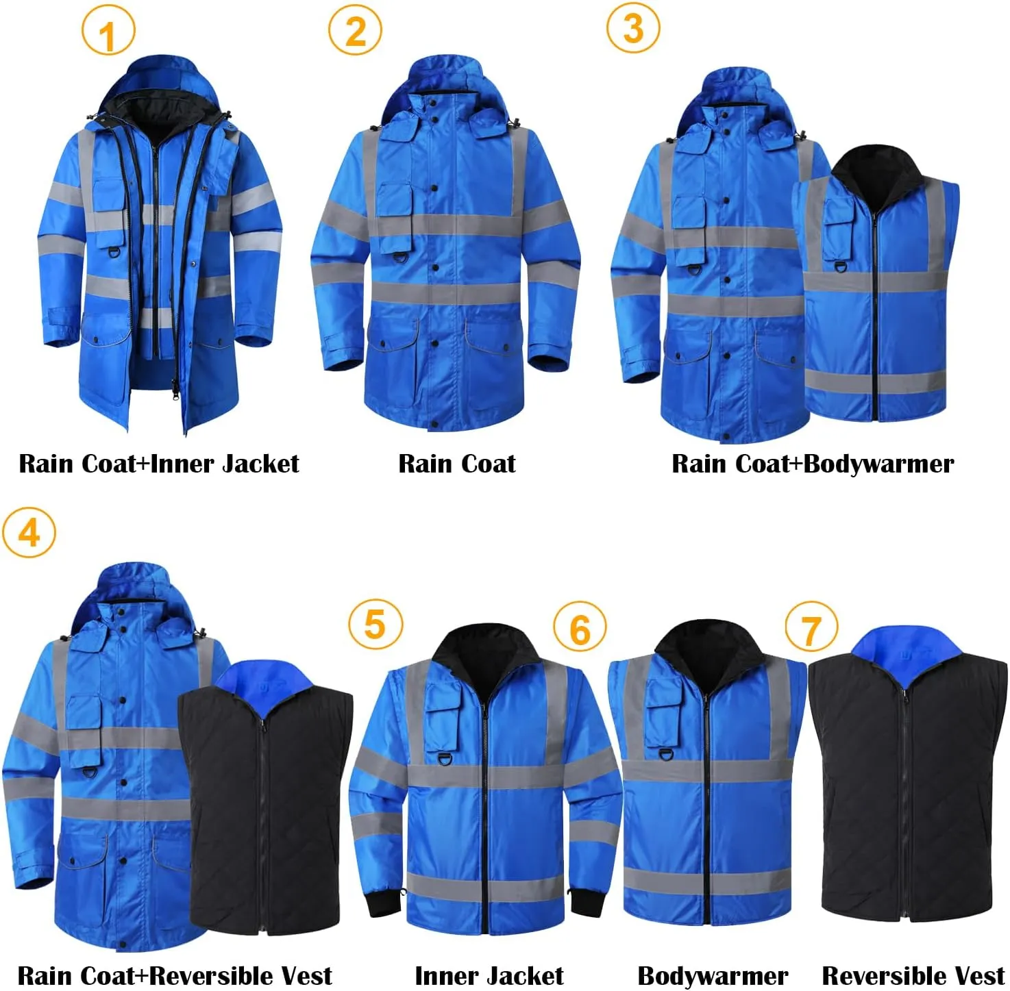ANSI Class 3 High Visibility 7 in 1 Safety Winter Jacket For Men Safety Coat Traffic Reflective Parka Jacket