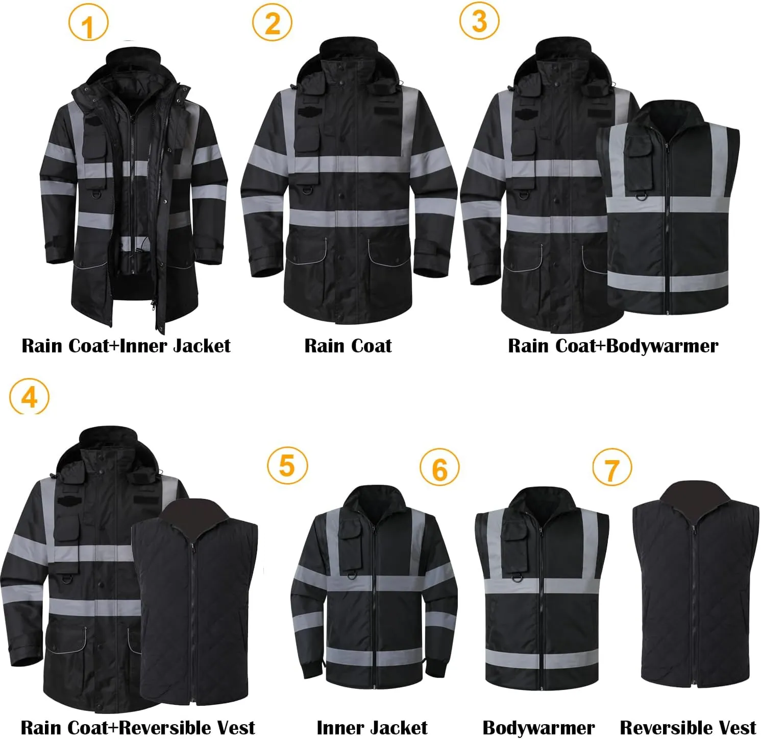 ANSI Class 3 High Visibility 7 in 1 Safety Winter Jacket For Men Safety Coat Traffic Reflective Parka Jacket