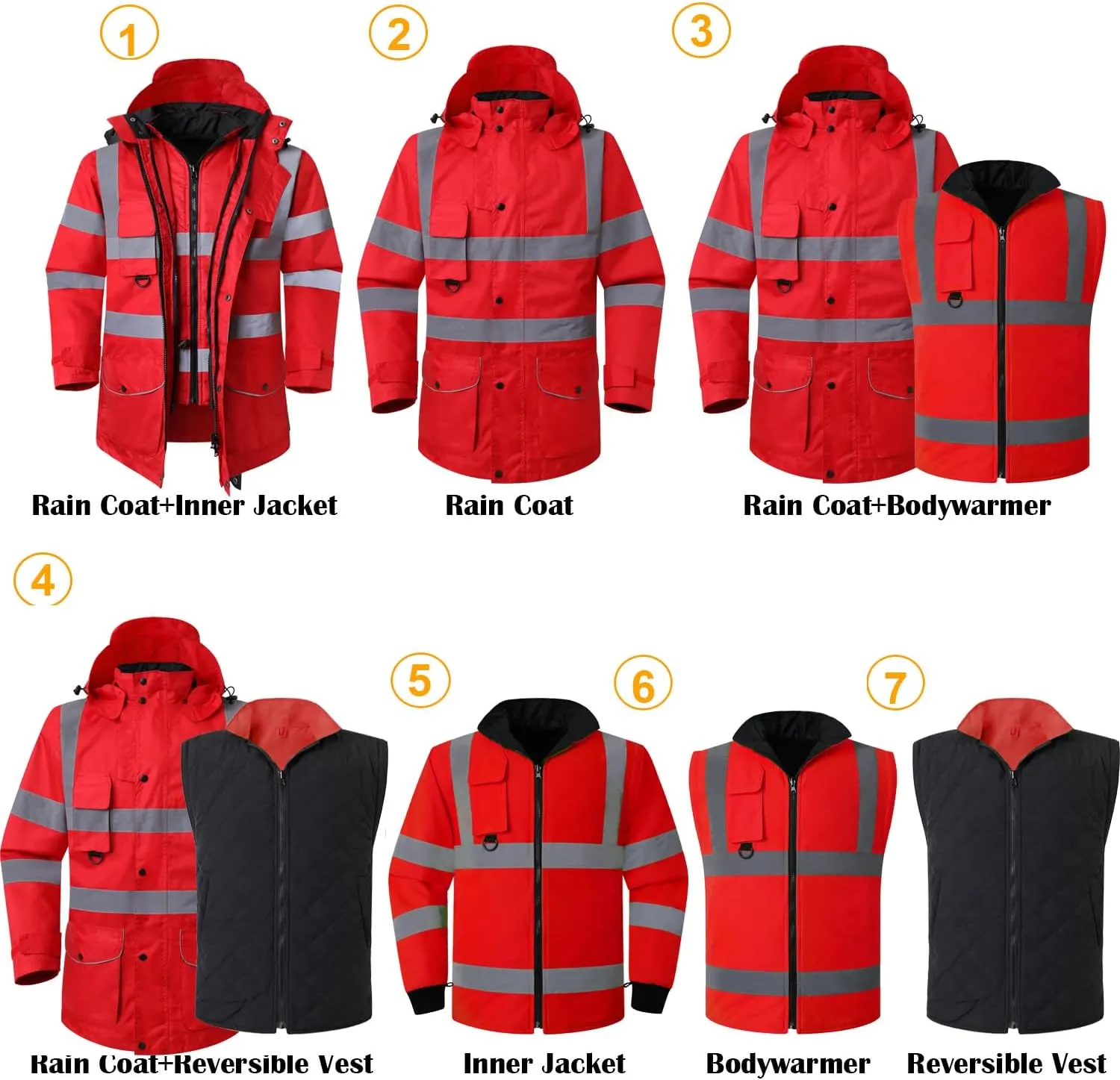 ANSI Class 3 High Visibility 7 in 1 Safety Winter Jacket For Men Safety Coat Traffic Reflective Parka Jacket