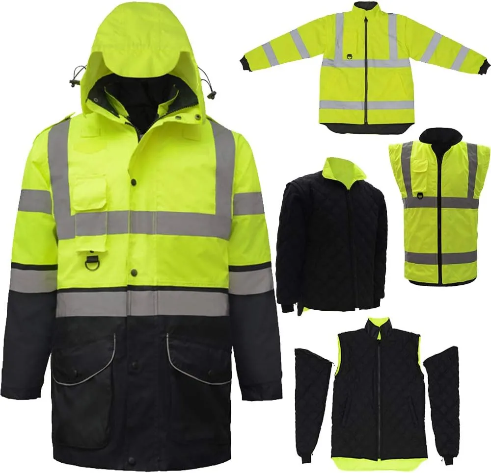 ANSI Class 3 High Visibility 7 in 1 Safety Winter Jacket For Men Safety Coat Traffic Reflective Parka Jacket