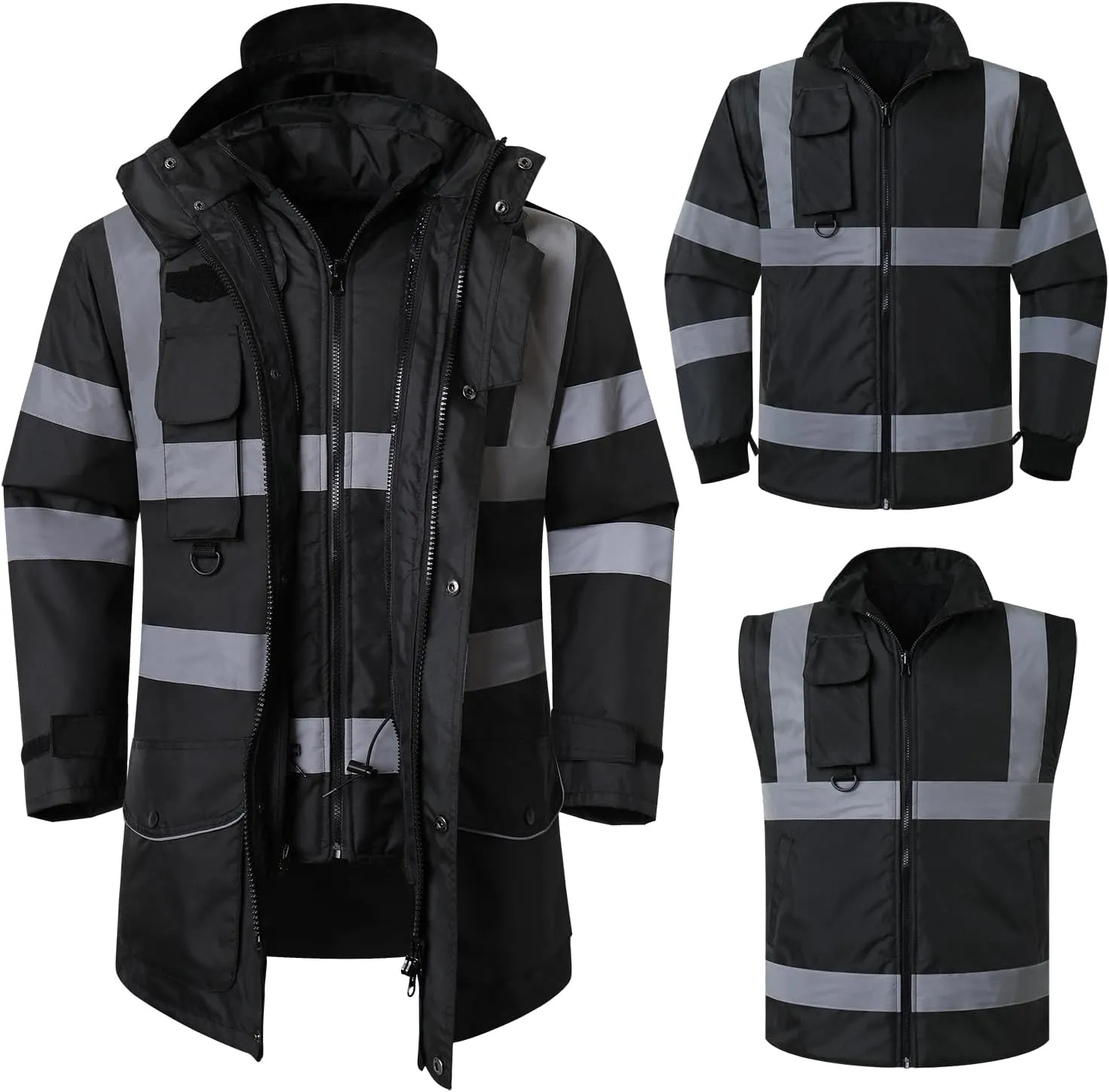 ANSI Class 3 High Visibility 7 in 1 Safety Winter Jacket For Men Safety Coat Traffic Reflective Parka Jacket