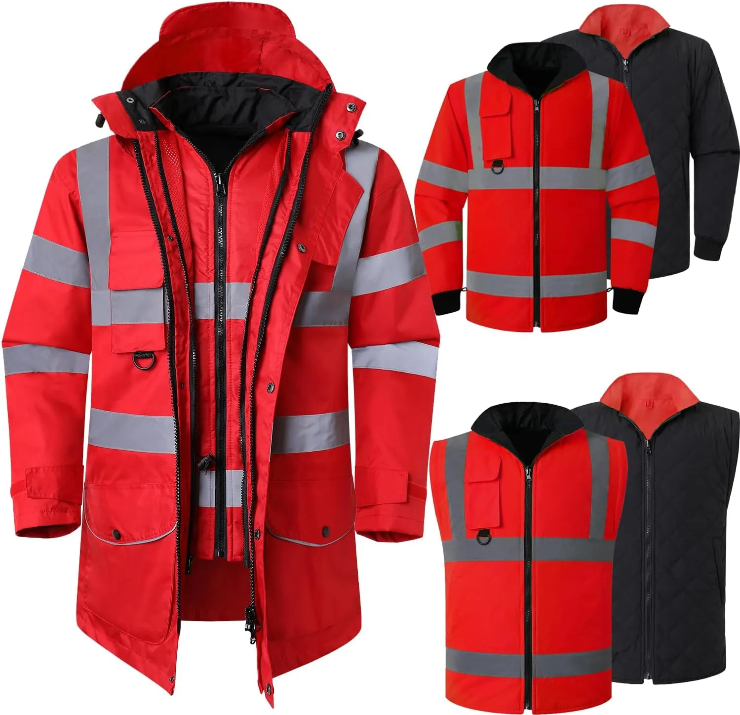 ANSI Class 3 High Visibility 7 in 1 Safety Winter Jacket For Men Safety Coat Traffic Reflective Parka Jacket
