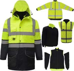 ANSI Class 3 High Visibility 7 in 1 Safety Winter Jacket For Men Safety Coat Traffic Reflective Parka Jacket