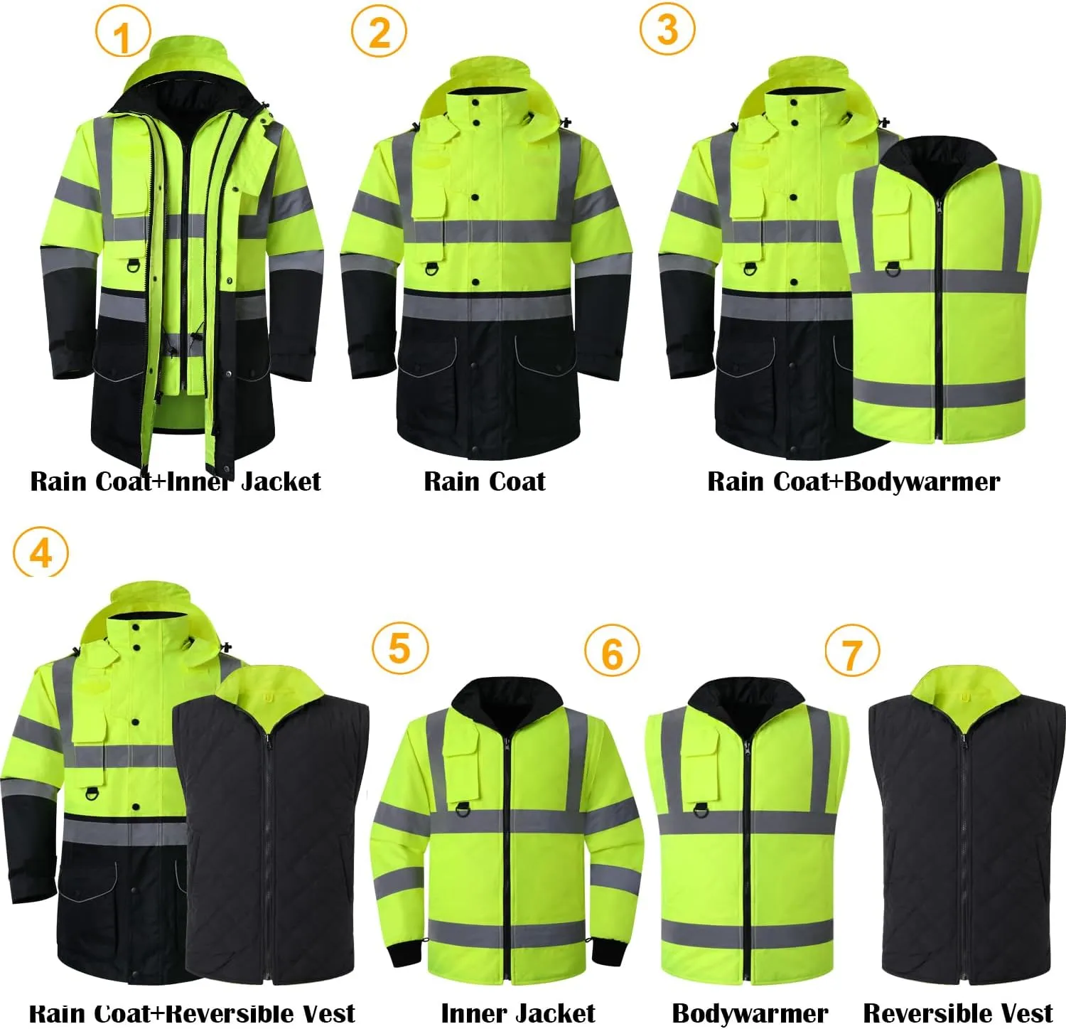 ANSI Class 3 High Visibility 7 in 1 Safety Winter Jacket For Men Safety Coat Traffic Reflective Parka Jacket