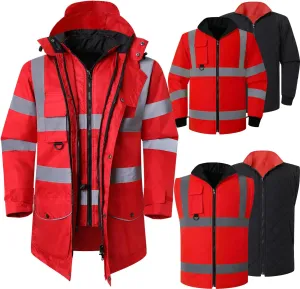 ANSI Class 3 High Visibility 7 in 1 Safety Winter Jacket For Men Safety Coat Traffic Reflective Parka Jacket