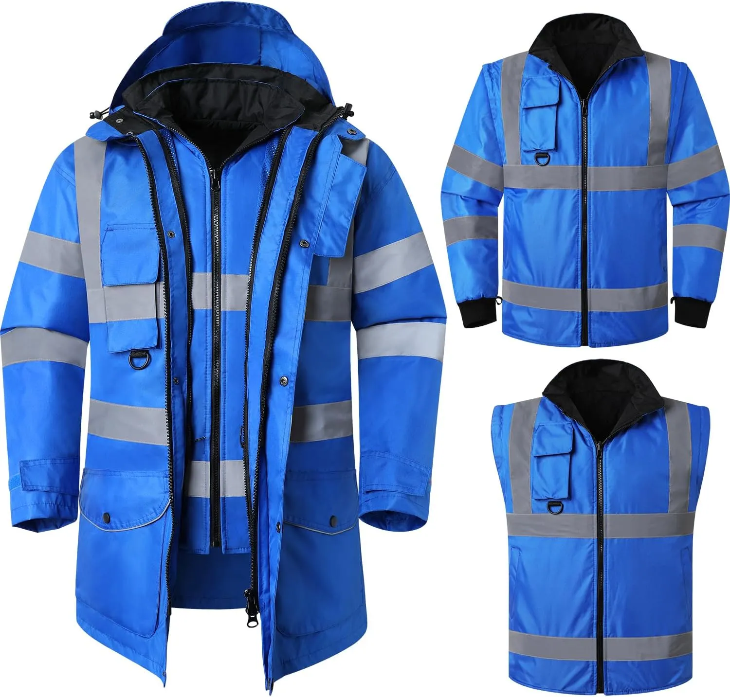 ANSI Class 3 High Visibility 7 in 1 Safety Winter Jacket For Men Safety Coat Traffic Reflective Parka Jacket