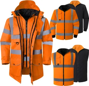 ANSI Class 3 High Visibility 7 in 1 Safety Winter Jacket For Men Safety Coat Traffic Reflective Parka Jacket