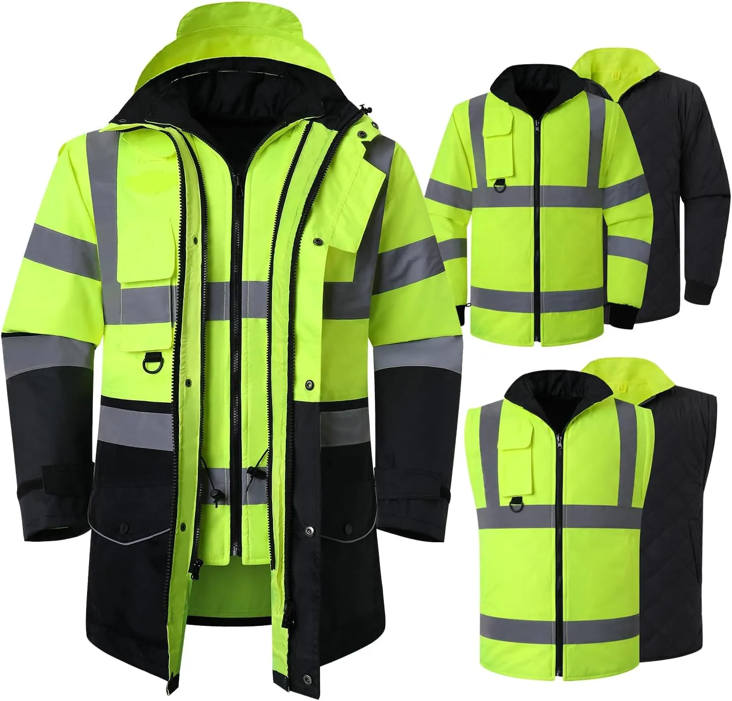 ANSI Class 3 High Visibility 7 in 1 Safety Winter Jacket For Men Safety Coat Traffic Reflective Parka Jacket