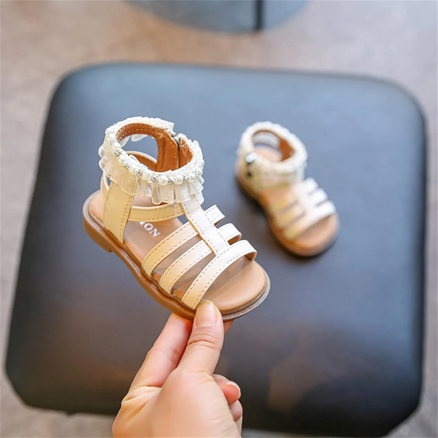 Baby Girl Pearl Sandals Toddler Princess Soft Rubber Lace Side Flats Summer Flower Girls Open Toe Dress Shoes