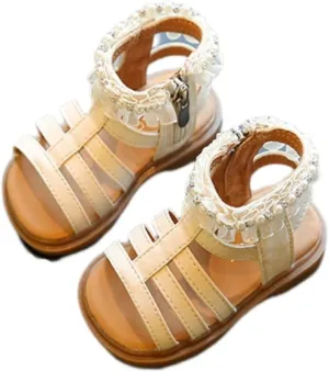 Baby Girl Pearl Sandals Toddler Princess Soft Rubber Lace Side Flats Summer Flower Girls Open Toe Dress Shoes
