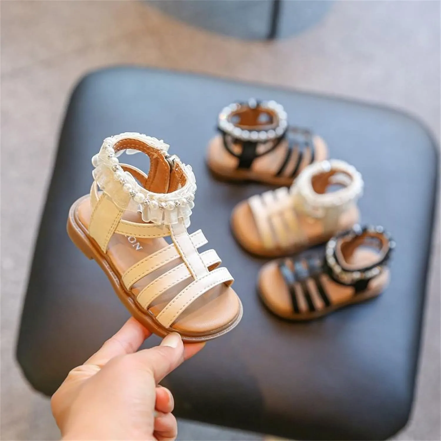 Baby Girl Pearl Sandals Toddler Princess Soft Rubber Lace Side Flats Summer Flower Girls Open Toe Dress Shoes