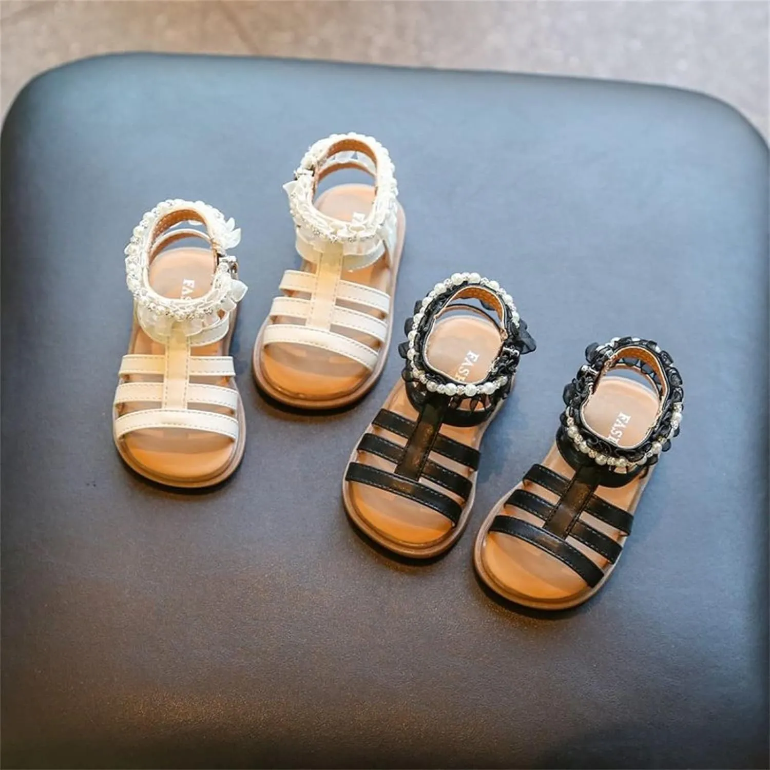 Baby Girl Pearl Sandals Toddler Princess Soft Rubber Lace Side Flats Summer Flower Girls Open Toe Dress Shoes