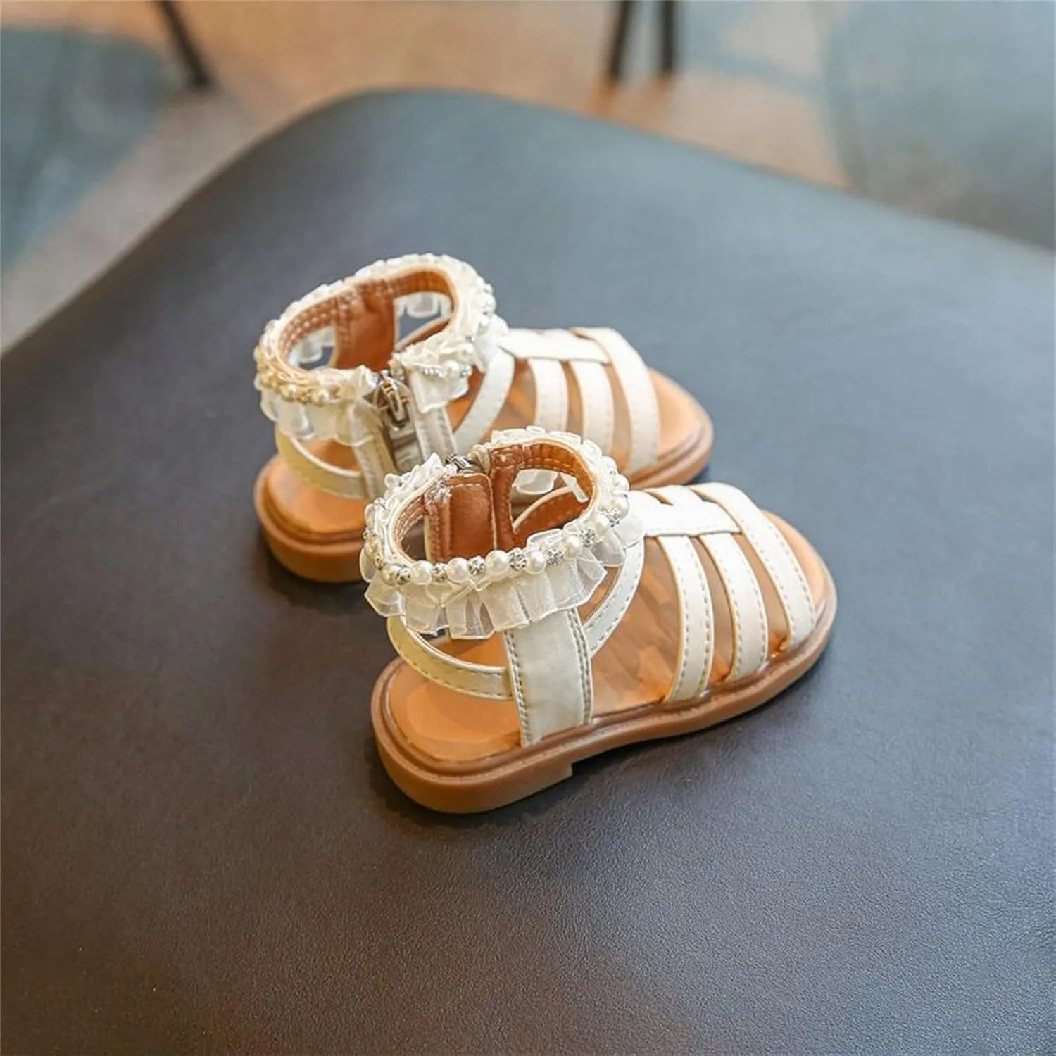 Baby Girl Pearl Sandals Toddler Princess Soft Rubber Lace Side Flats Summer Flower Girls Open Toe Dress Shoes