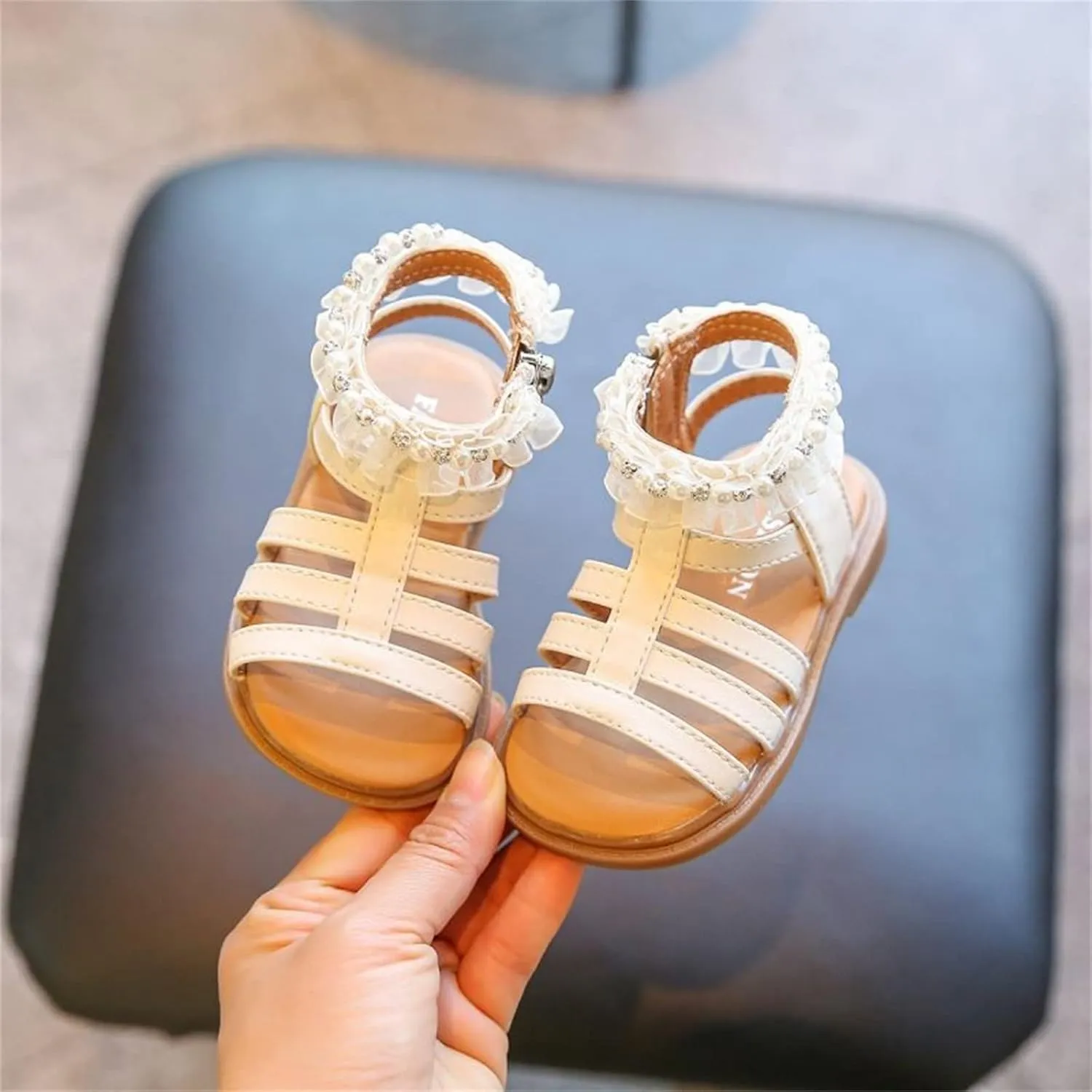 Baby Girl Pearl Sandals Toddler Princess Soft Rubber Lace Side Flats Summer Flower Girls Open Toe Dress Shoes