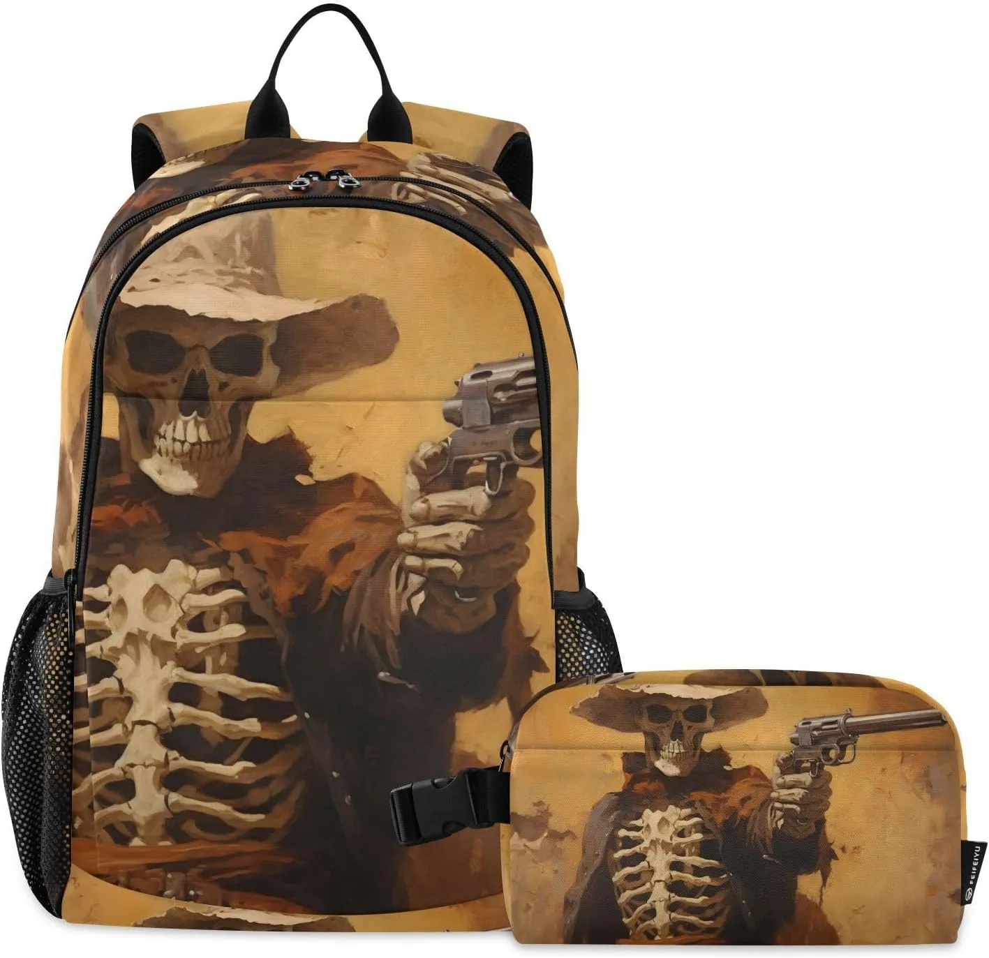 Backpack with Lunch Box Skeleton Cool Hat Book Bag Daypack Shoulder Bag with Insulated Lunch Bags for Women Men Travel Laptop Daypack 18.5 x 11.8 In