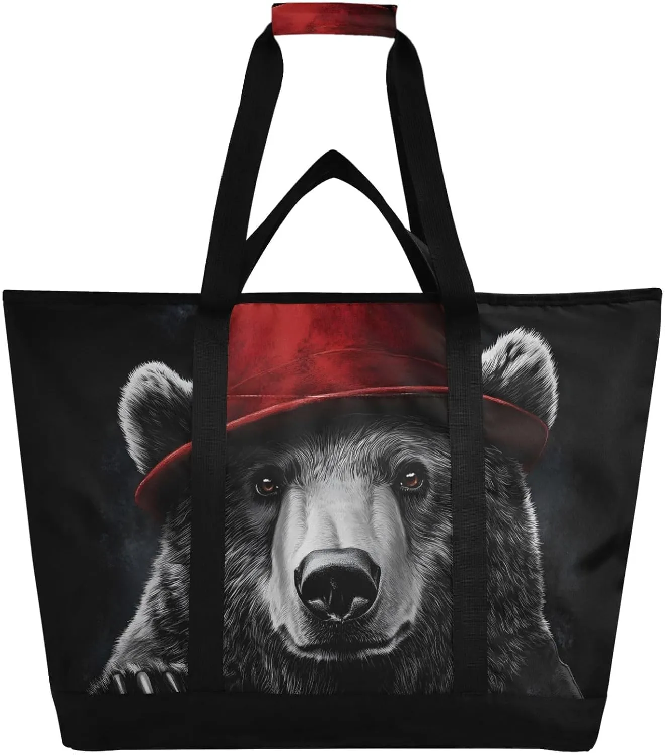 Bear Red Hat Large Insulated Tote Bag for Grocery Shopping Reusable Tote Bags for Women Men, Cooler Bag with Zippered Top & Handles for Beach Picnic Travel