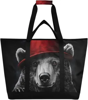 Bear Red Hat Large Insulated Tote Bag for Grocery Shopping Reusable Tote Bags for Women Men, Cooler Bag with Zippered Top & Handles for Beach Picnic Travel