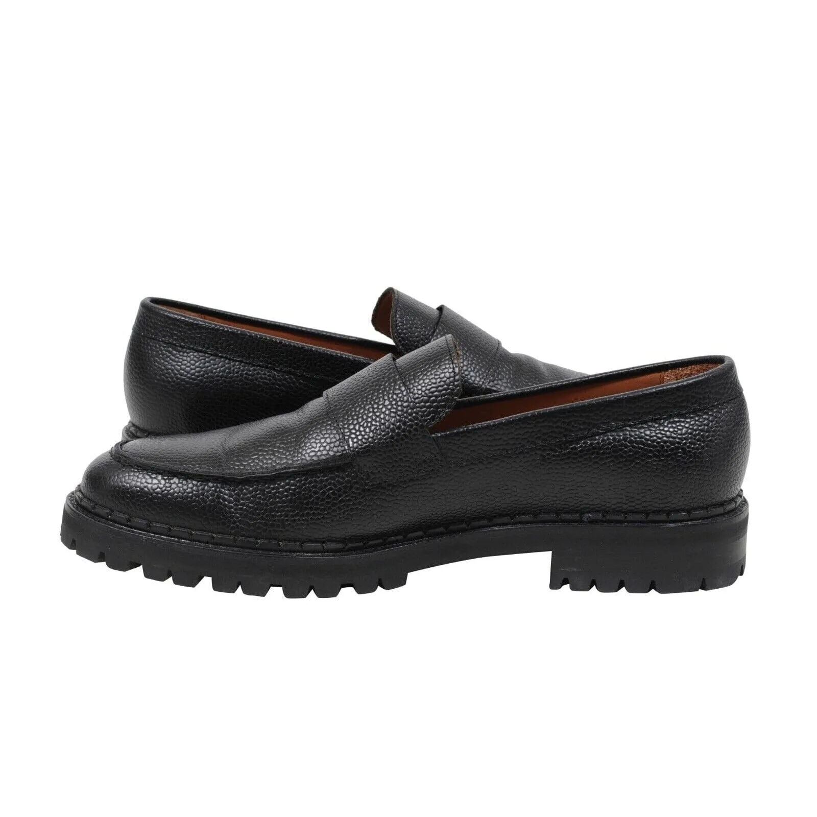 Black Grained Leather Chunky Derby Lug Sole Penny Loafers