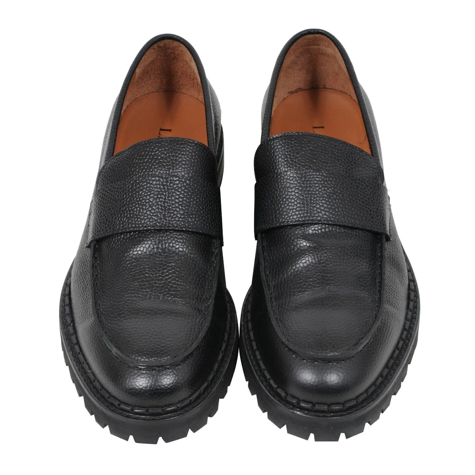 Black Grained Leather Chunky Derby Lug Sole Penny Loafers