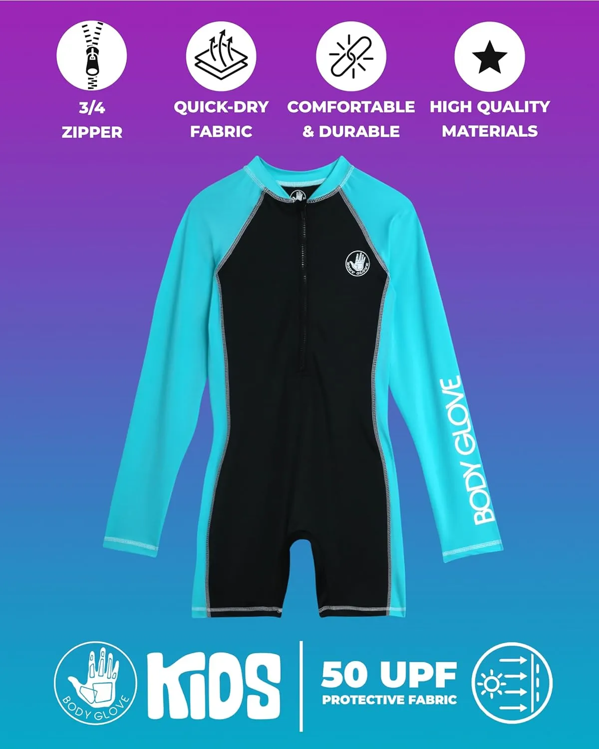 Body Glove Kids Swimsuits - UPF 50  Sun Protection Long Sleeve One Piece Rashguard Bathing Suit for Girls and Boys (2T-12)