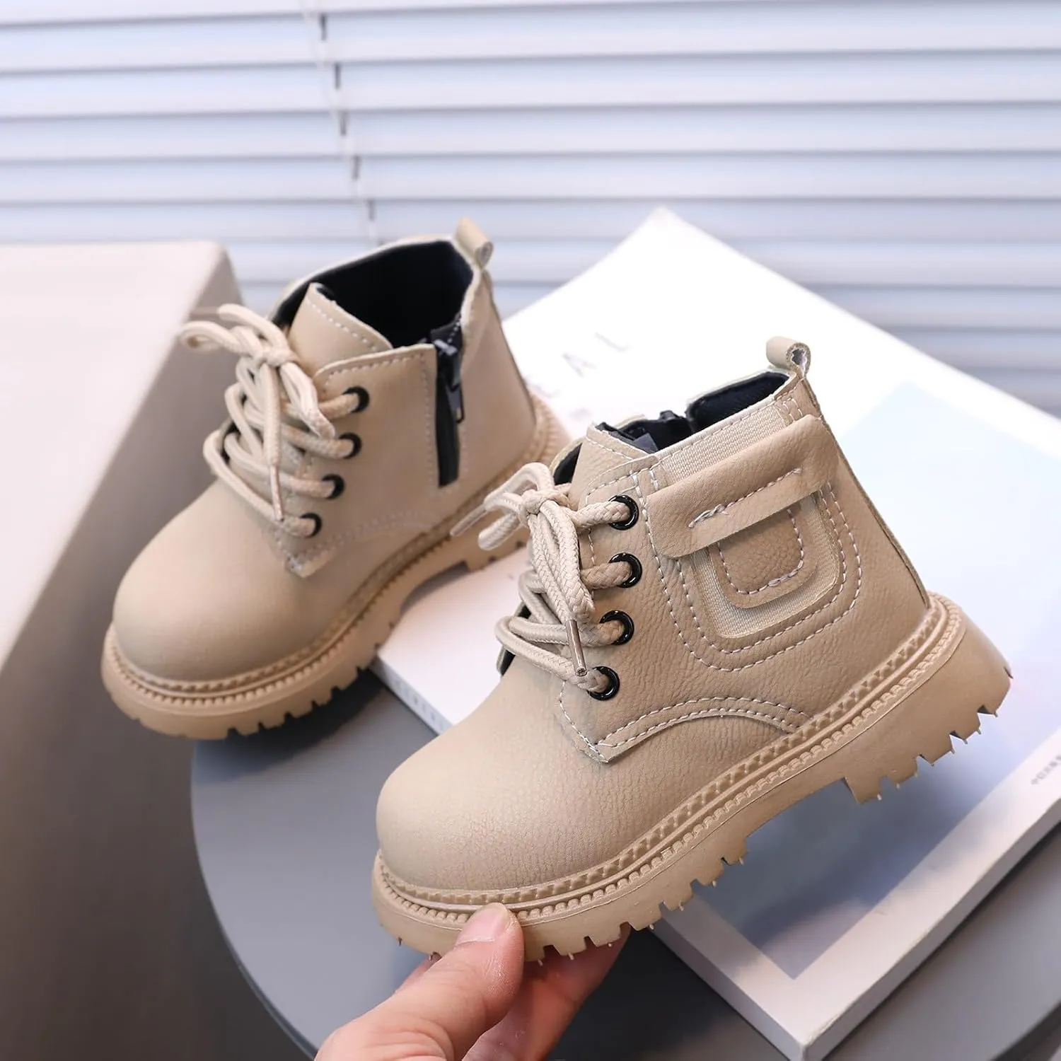 Boots for Girls Fashion Leather Hiking Snow Boots Little Kid High Top Dress Shoes Lace Up Non-Slip Texture Sole Boot