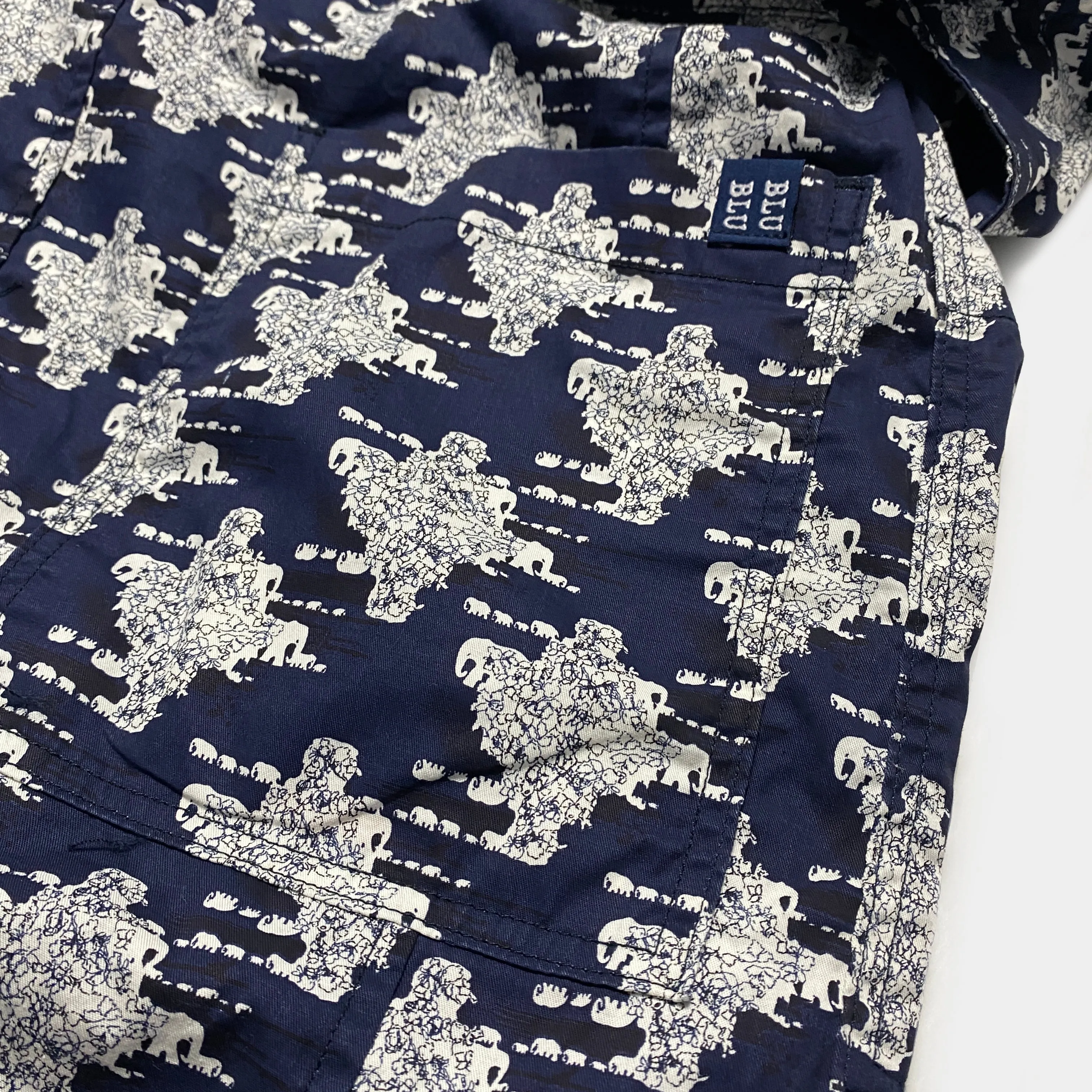 BZEN M.1063 SAWADEE-EB RELAX FIT UNISEX ANKLE LENGTH ELEPHANT PRINT POPLIN THAI FISHERMEN 4 POCKET DENIM WRAP PANT-5OZ-E0 BLUE