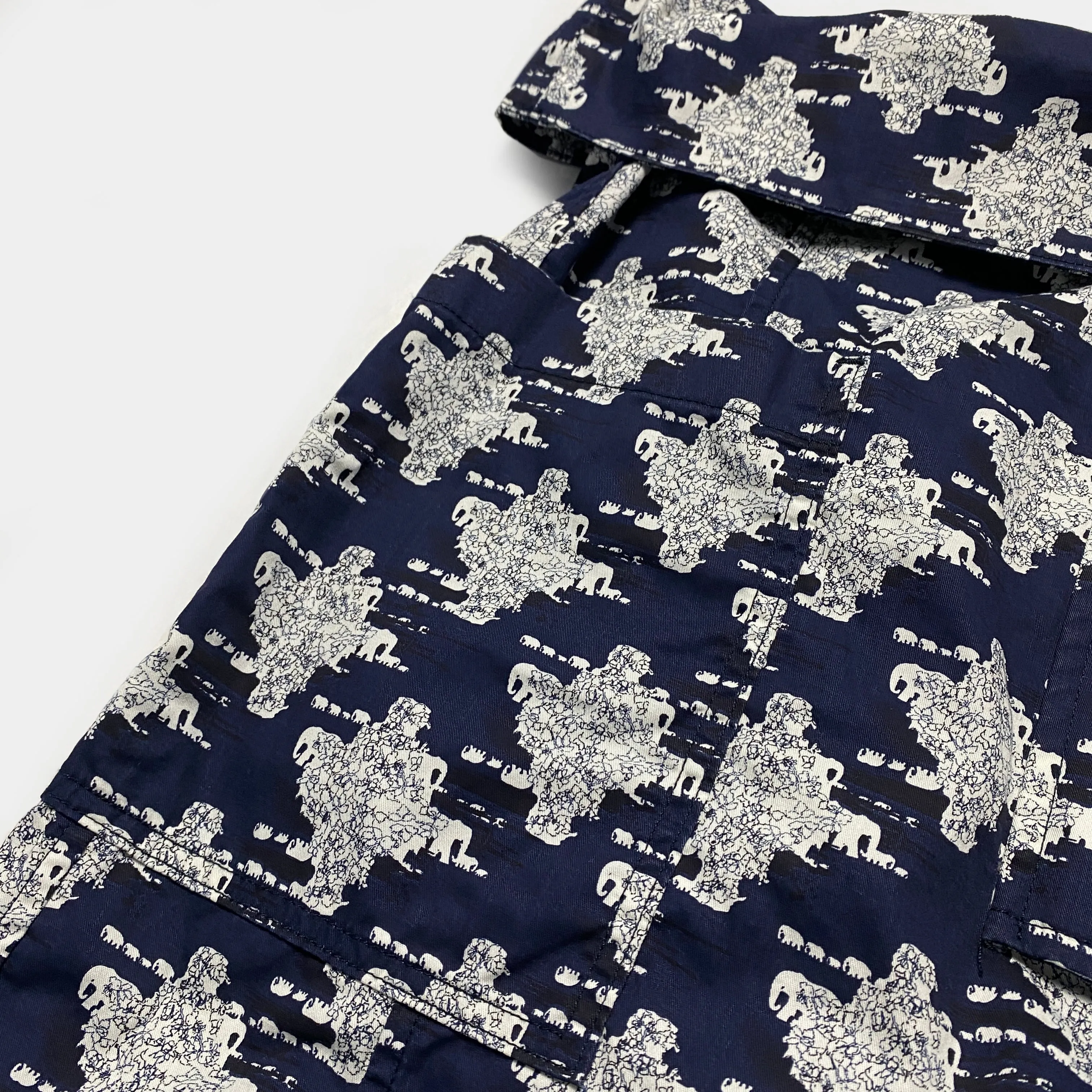 BZEN M.1063 SAWADEE-EB RELAX FIT UNISEX ANKLE LENGTH ELEPHANT PRINT POPLIN THAI FISHERMEN 4 POCKET DENIM WRAP PANT-5OZ-E0 BLUE